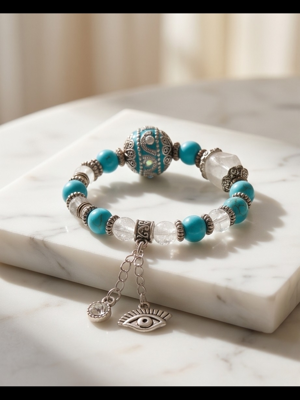 Turquoise Bead Silver Charm Bracelet - Women Jewelry